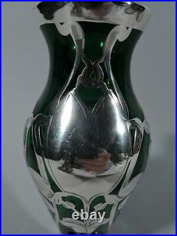 Ancien Vase Art Nouveau Floral Américain Vert Verre & Argent Revêtement