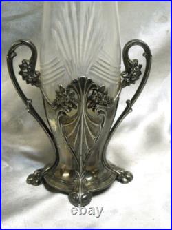 Ancien Vase Bouquetier Porte Bouquet Metal Argente Cristal Taille Art Nouveau Ancien Vase Bouquetier Porte Bouquet Metal Argente Cristal Taille Art Nouveau