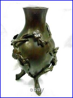 Ancien Vase Tripode Art Nouveau Arbre Fleur Bronze Fondeur Thiebaut Freres Paris