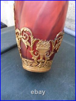 Ancien Vase deco Bronze Verre cristal style bambou baccarat Napoleon Art Nouveau