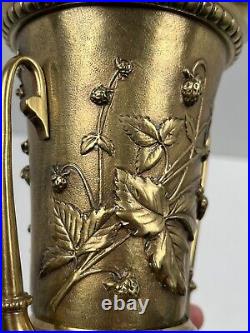 Ancien Vase en Bronze Doré Art Nouveau Fin XIXe Léopold OUDRY décor de fraisiers