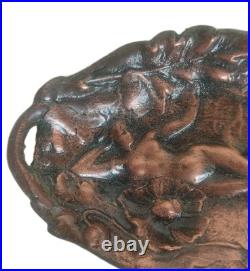 Ancien Vide Poche Baguier En Bronze Patiné A Décor Femme Nue Fleurs Art Nouveau