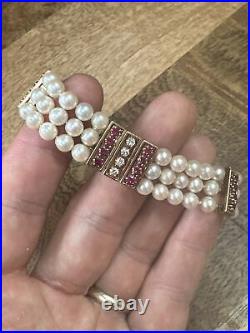 Ancien bracelet 3 Rang Perle Maille Art Nouveau Or Jaune 18k 750 Et Pierre Rouge