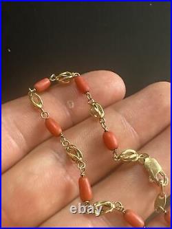 Ancien bracelet Chaine Torsadé Perle Corail Maille Art Nouveau Or Jaune 18k 750