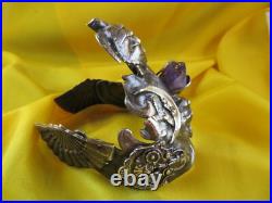 Ancien bracelet bijoux fantaisie argenté style art nouveau tortue lune améthyste