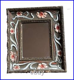 Ancien cadre Miroir Art nouveau Fleur stylisé feuillage polychrome 1900 bois