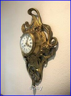 Ancien cartel d'applique en bronze ART NOUVEAU Pendule Horloge Décor IRIS & PAON