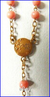 Ancien chapelet OR massif + perles de corail rose gold cross rosario coral