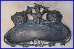 Ancien encrier art nouveau regule, etain vert fleurs jugendstil 1900