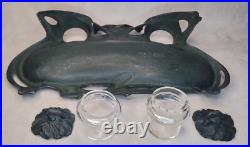 Ancien encrier art nouveau regule, etain vert fleurs jugendstil 1900
