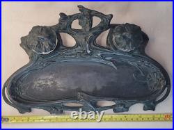 Ancien encrier art nouveau regule, etain vert fleurs jugendstil 1900