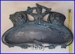 Ancien encrier art nouveau regule, etain vert fleurs jugendstil 1900