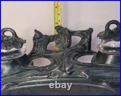 Ancien encrier art nouveau regule, etain vert fleurs jugendstil 1900