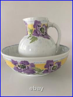 Ancien ensemble de toilette art nouveau faïence K et G Lunéville /pavots mauves