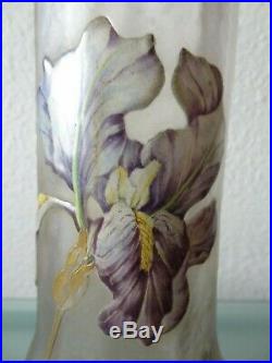 Ancien grand vase émaillé non signé Legras décors fleurs iris art nouveau