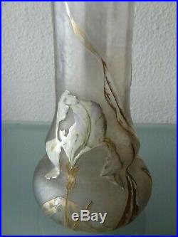 Ancien grand vase émaillé non signé Legras décors fleurs iris art nouveau