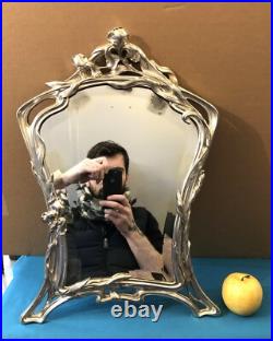 Ancien miroir de table ART NOUVEAU métal argenté VICTOR SAGLIER décor IRIS 49 cm