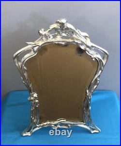 Ancien miroir de table ART NOUVEAU métal argenté VICTOR SAGLIER décor IRIS 49 cm