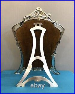 Ancien miroir de table ART NOUVEAU métal argenté VICTOR SAGLIER décor IRIS 49 cm