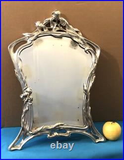 Ancien miroir de table ART NOUVEAU métal argenté VICTOR SAGLIER décor IRIS 49 cm