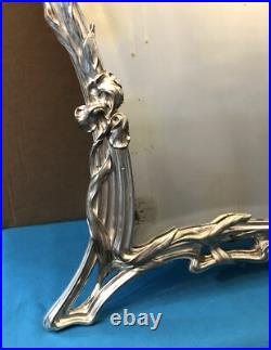 Ancien miroir de table ART NOUVEAU métal argenté VICTOR SAGLIER décor IRIS 49 cm