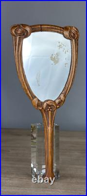 Ancien miroir de toilette voyage style Nouille ART NOUVEAU bois sculpté 1900