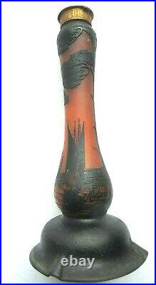 Ancien pied de lampe en pâte de verre Art Nouveau Paysage lacustre signé RICHARD