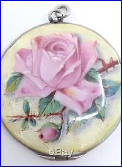 Ancien porte photo pendentif en argent massif emaillé fleur rose Art Nouveau