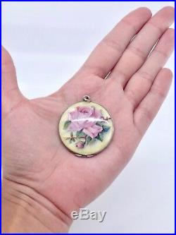 Ancien porte photo pendentif en argent massif emaillé fleur rose Art Nouveau