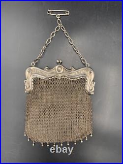Ancien sac bourse aumônière en argent massif Art Nouveau c. 1900 148 g