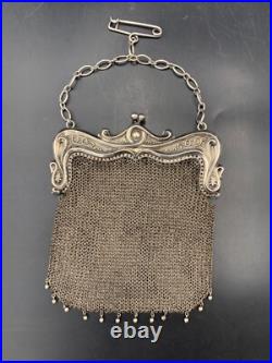 Ancien sac bourse aumônière en argent massif Art Nouveau c. 1900 148 g