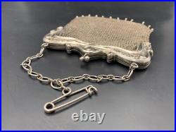 Ancien sac bourse aumônière en argent massif Art Nouveau c. 1900 148 g