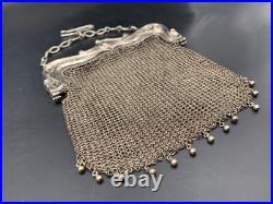 Ancien sac bourse aumônière en argent massif Art Nouveau c. 1900 148 g