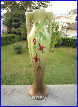 Ancien superbe grand vase aux fuchsias Art Nouveau signé Jean Massier Vallauris
