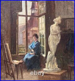 Ancien tableau art nouveau atelier école de Nancy portrait femme peintre Hoffman