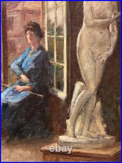 Ancien tableau art nouveau atelier école de Nancy portrait femme peintre Hoffman