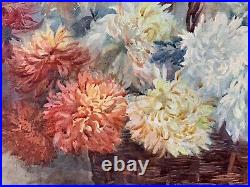 Ancien tableau bouquet de fleurs panier osier chrysanthème art nouveau aquarelle