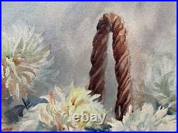 Ancien tableau bouquet de fleurs panier osier chrysanthème art nouveau aquarelle