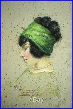 Ancien tableau pastel portrait de dame élégante signé Grossard Art Nouveau 1900