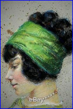 Ancien tableau pastel portrait de dame élégante signé Grossard Art Nouveau 1900