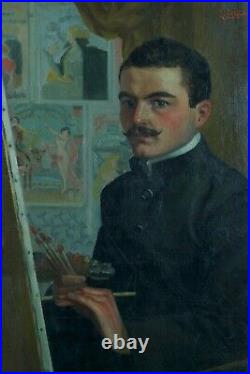 Ancien tableau portrait auto portrait peintre atelier Art nouveau Paul Gervais