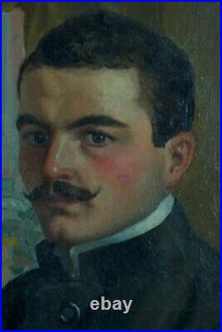 Ancien tableau portrait auto portrait peintre atelier Art nouveau Paul Gervais