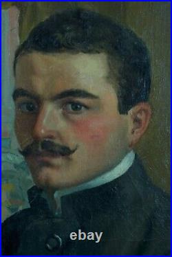 Ancien tableau portrait auto portrait peintre atelier Art nouveau Paul Gervais