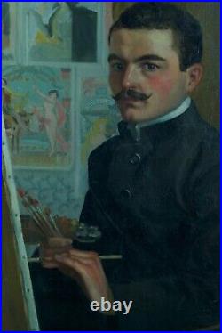 Ancien tableau portrait auto portrait peintre atelier Art nouveau Paul Gervais