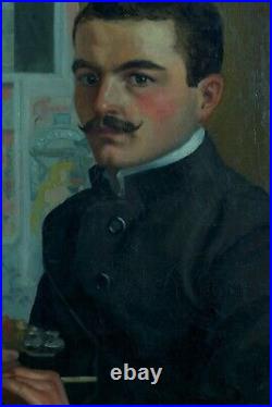 Ancien tableau portrait auto portrait peintre atelier Art nouveau Paul Gervais