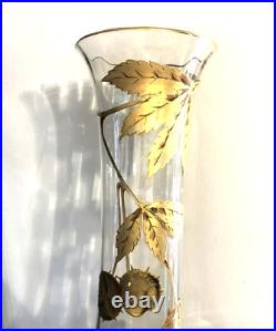 Ancien vase ART NOUVEAU cristal émaillé doré SAINT LOUIS décor de marrons 34 cm Ancien vase ART NOUVEAU cristal émaillé doré SAINT LOUIS décor de marrons 34 cm