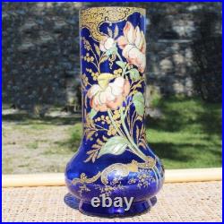 Ancien vase en verre bleu cobalt émaillé / Legras / Art Nouveau