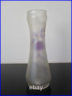 Ancien vase en verre émaillé art nouveau dlg Montjoie, Legras