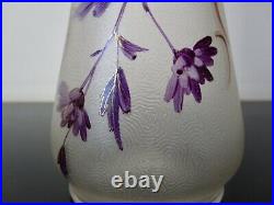 Ancien vase en verre émaillé art nouveau dlg Montjoie, Legras
