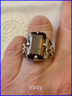 Ancienne Bague Argent Massif Topaze Fumée Imposante Art Nouveau